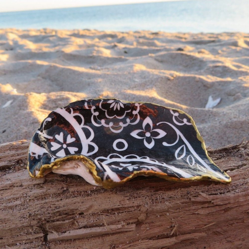 Black Paisley Oyster Shell Decoupage Trinket Dish Handmade